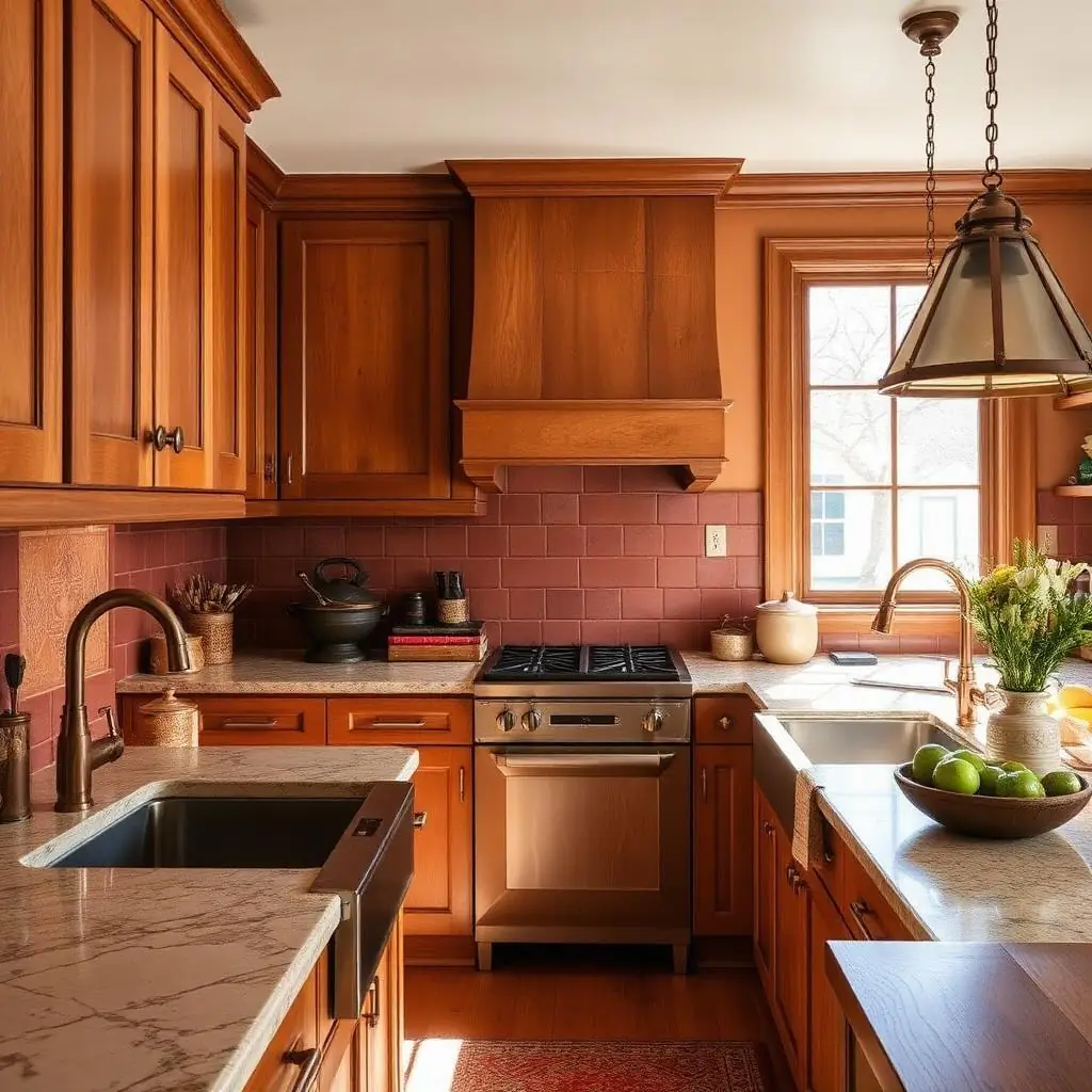 Warm remodeled kitchen with wood cabinetry and copper fixtures