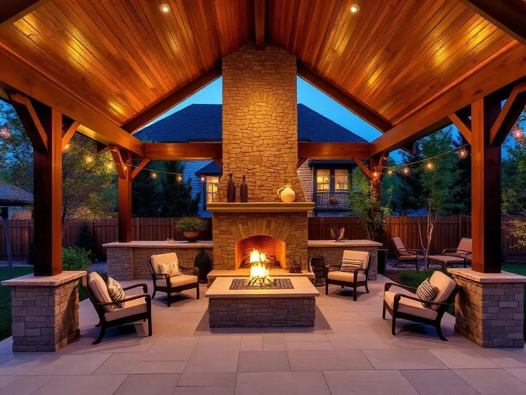 Covered outdoor patio addition with stone fireplace and cedar beams